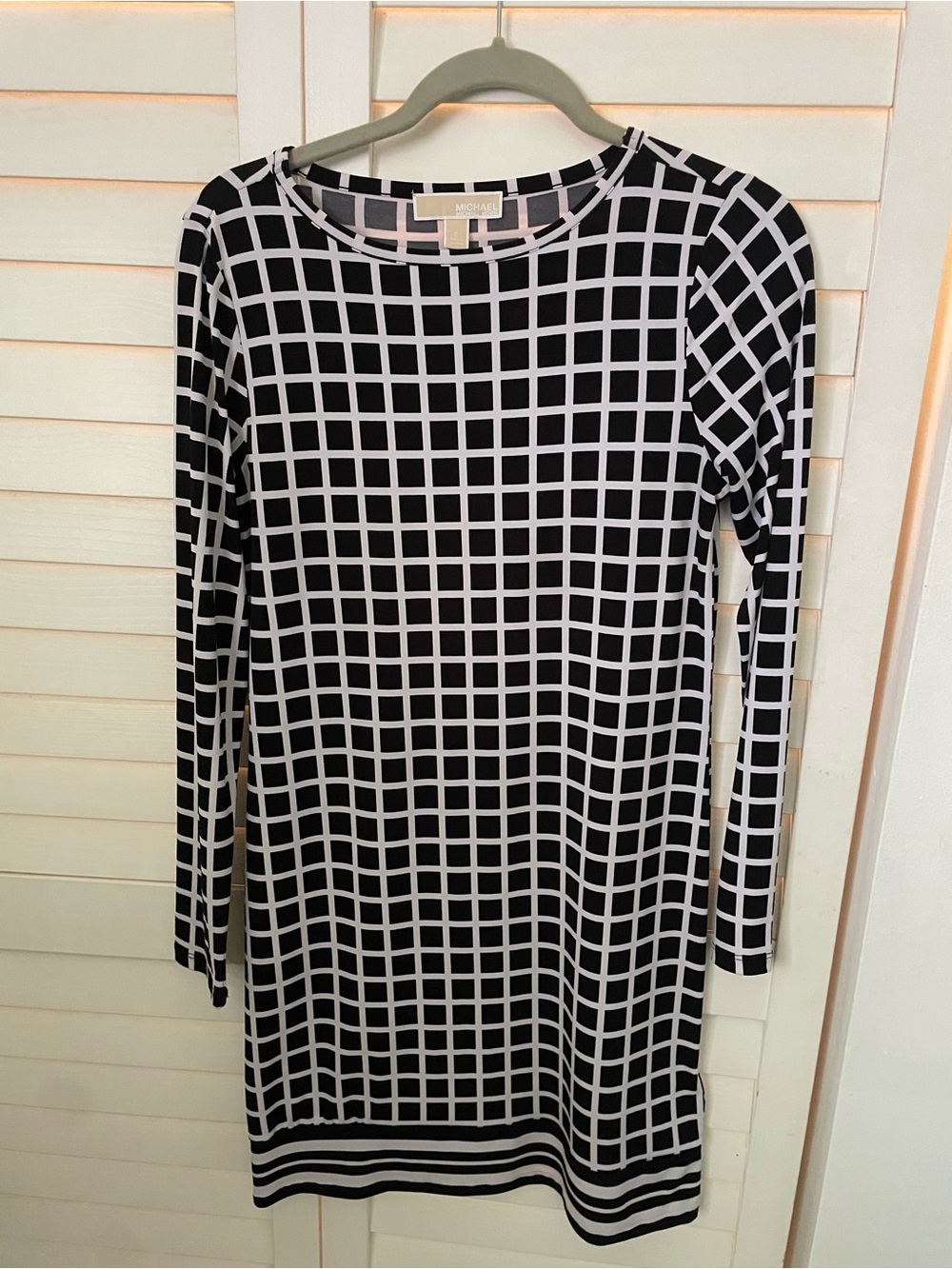 Michael Kors Black and White Windowpane Long Sleeve Dress